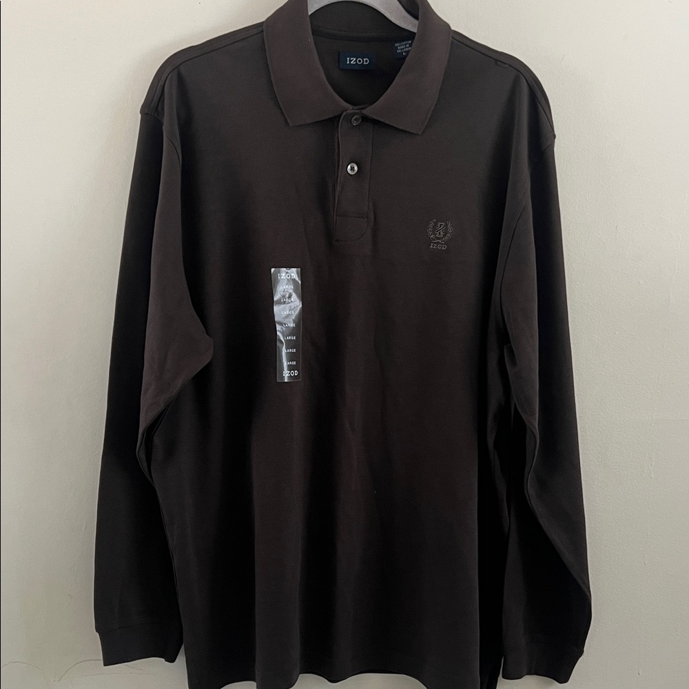 Izod Men's Dark Brown Long Sleeve Polo Size L